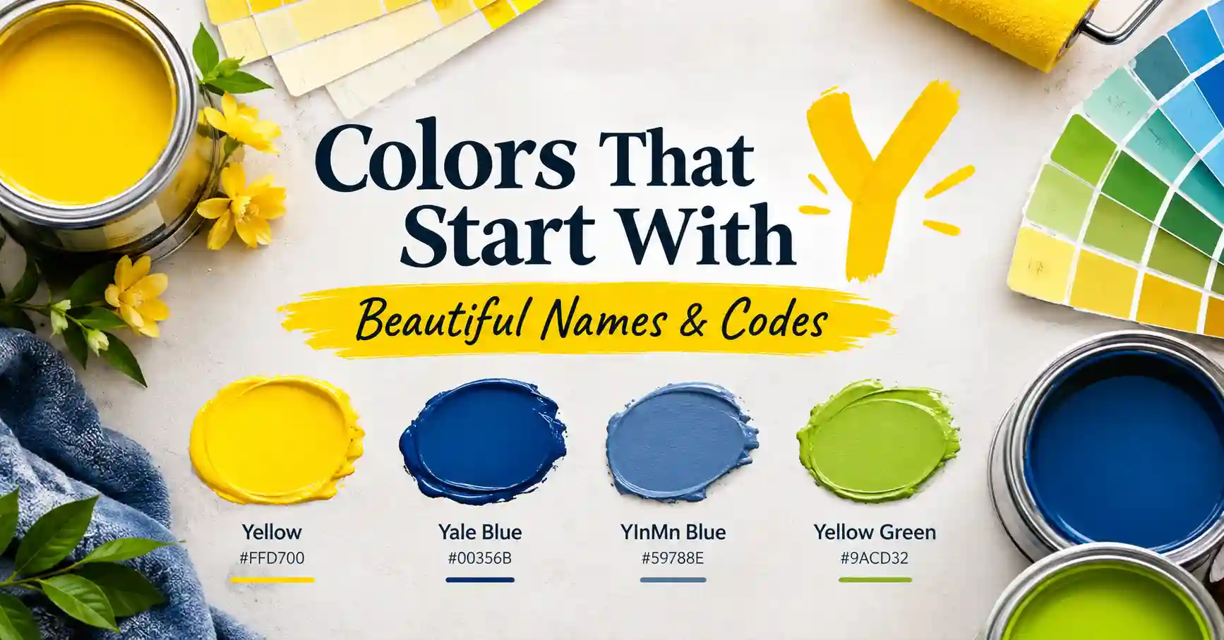 Collection of beautiful colors that start with Y, including Yellow, Yale Blue, YInMn Blue, and Yellow Green with color codes.