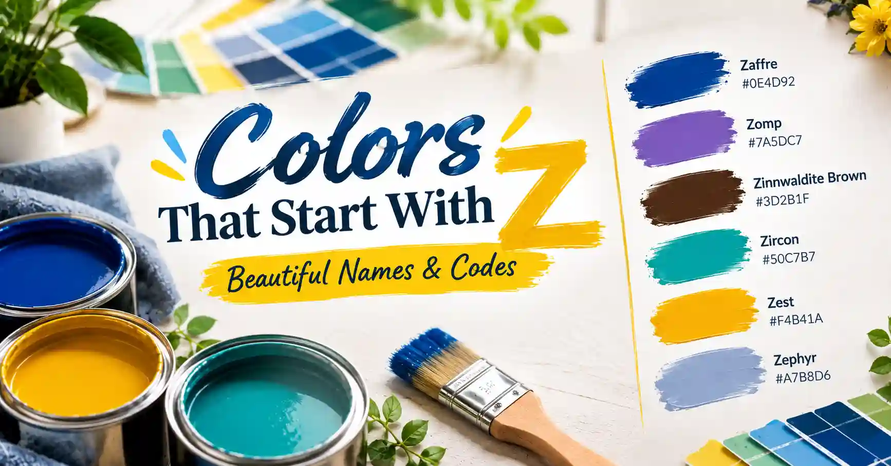 Collection of beautiful colors that start with Z, featuring Zaffre, Zomp, Zinnwaldite Brown, and other unique shades with HEX codes.